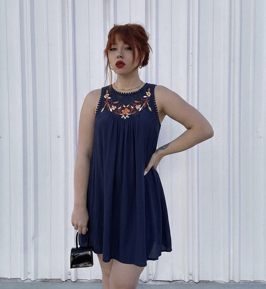 Xhilaration Navy Solid Embroidered Lace A-Line Dress, Round Neck, S