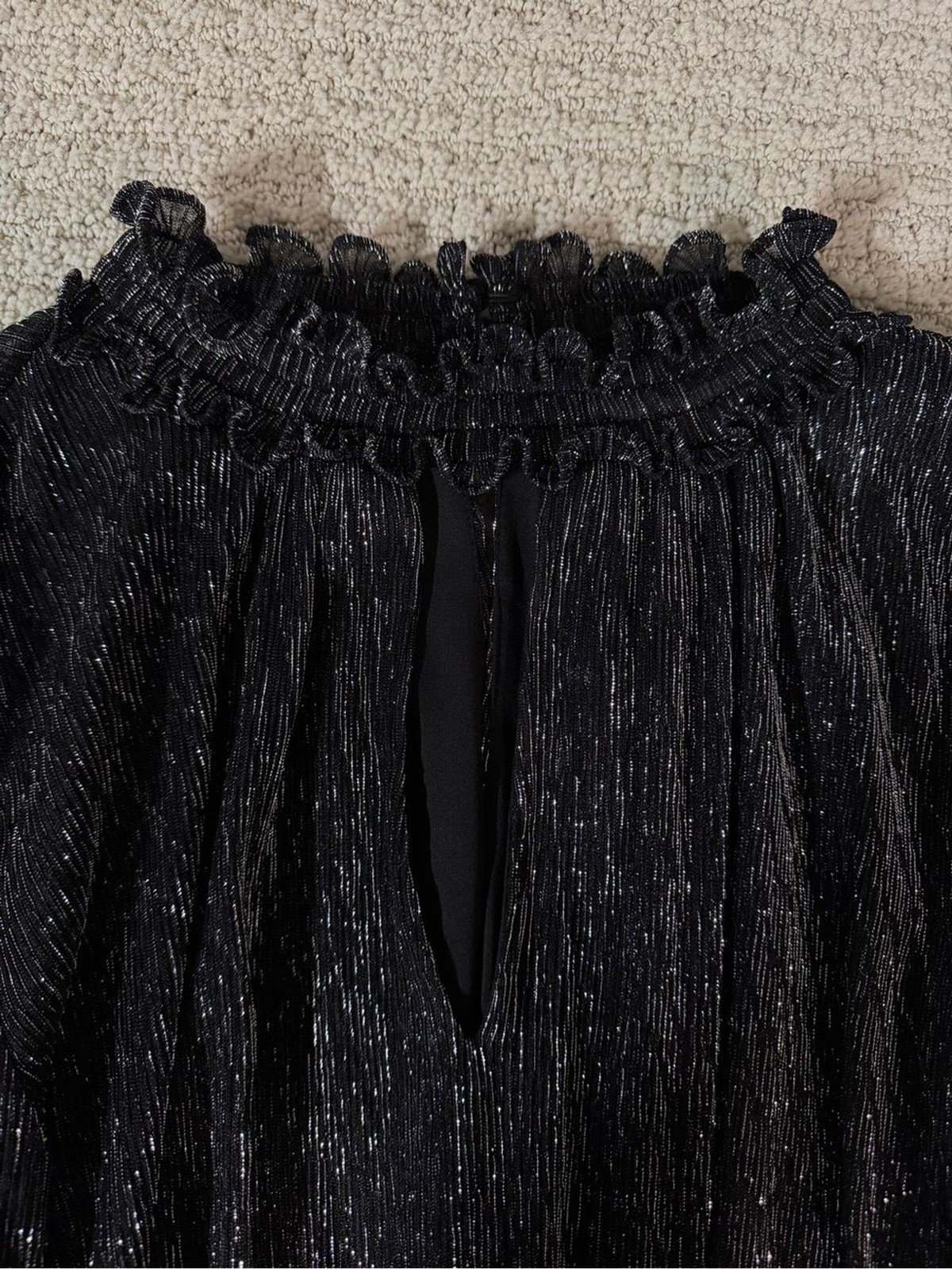 Parker New York Metallic Pleated br Ruffle Mini Dress Black Silver Size XL NWT