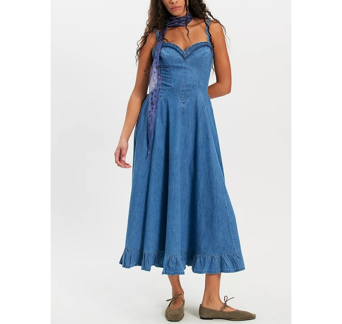 FP Movement Free People Another Season Denim Midi Dress Ruffle Fit & Flare S NWT