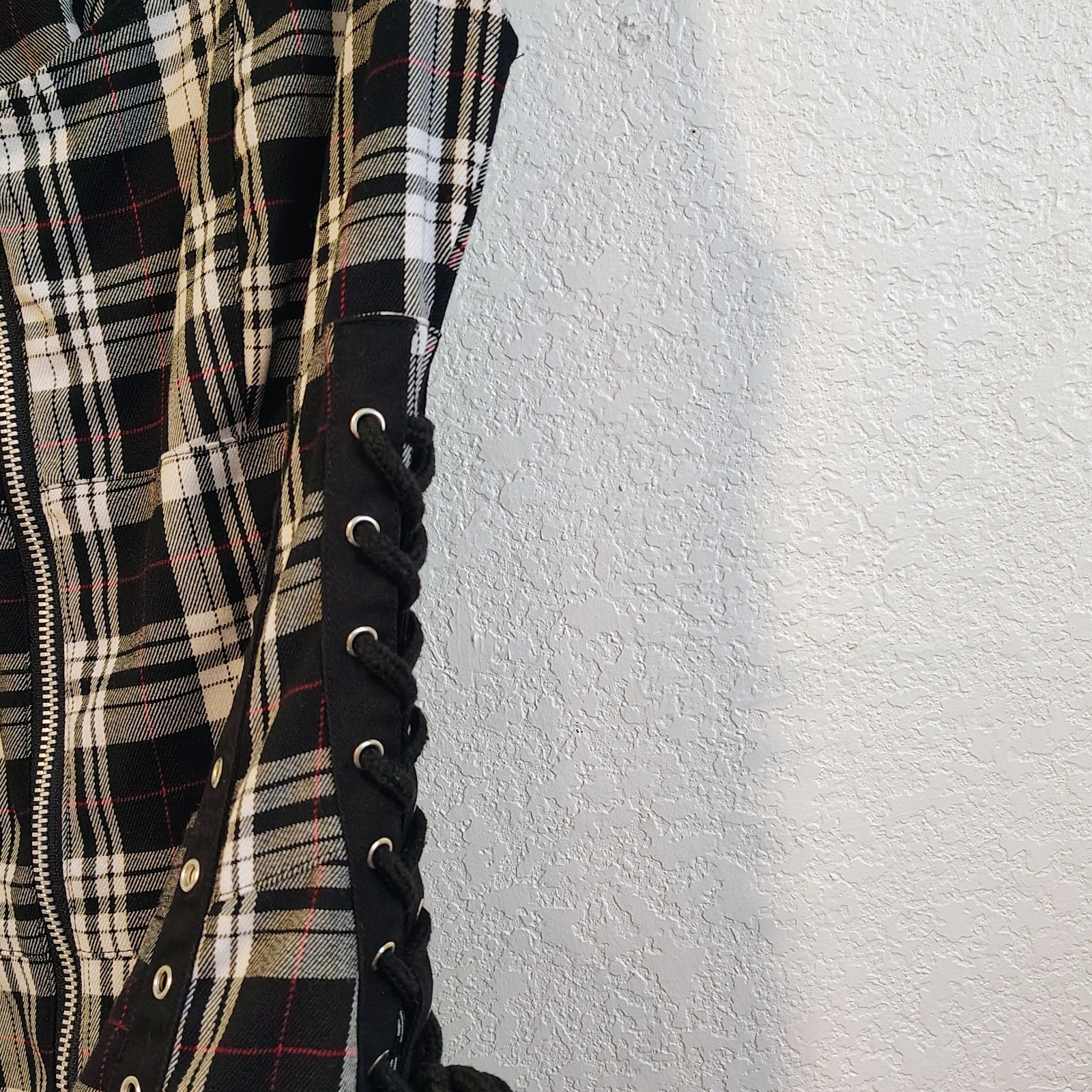 Hell Bunny Size Large Black White Plaid Corset Dress O-Rings Lace Up Sides Back