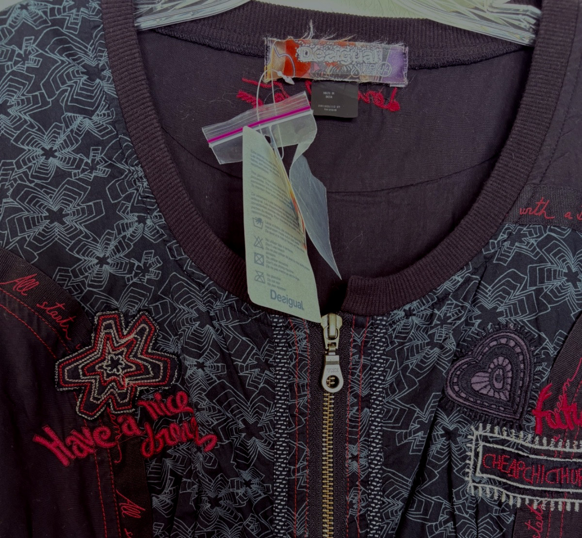 Desigual Wms Abeth 3/4 Sleeve Ruffle Hem Dress Large Black Red Zip Pockets Sz 12