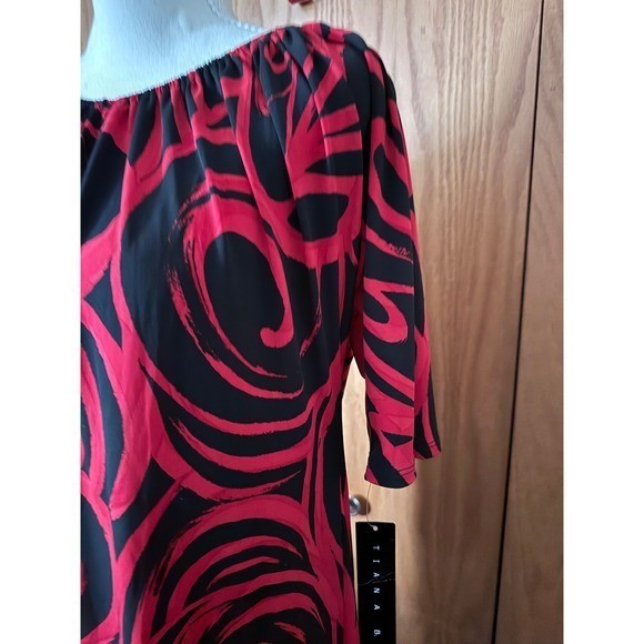 Tiana B Womens Red Black Abstract Swirl Shift Dress Short Sleeve Size M 75338A