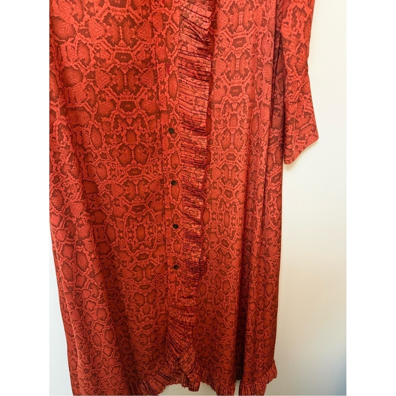Mango Premium Red Snakeskin Print Ruffle Midi Dress Long Sleeve Size 2 XS