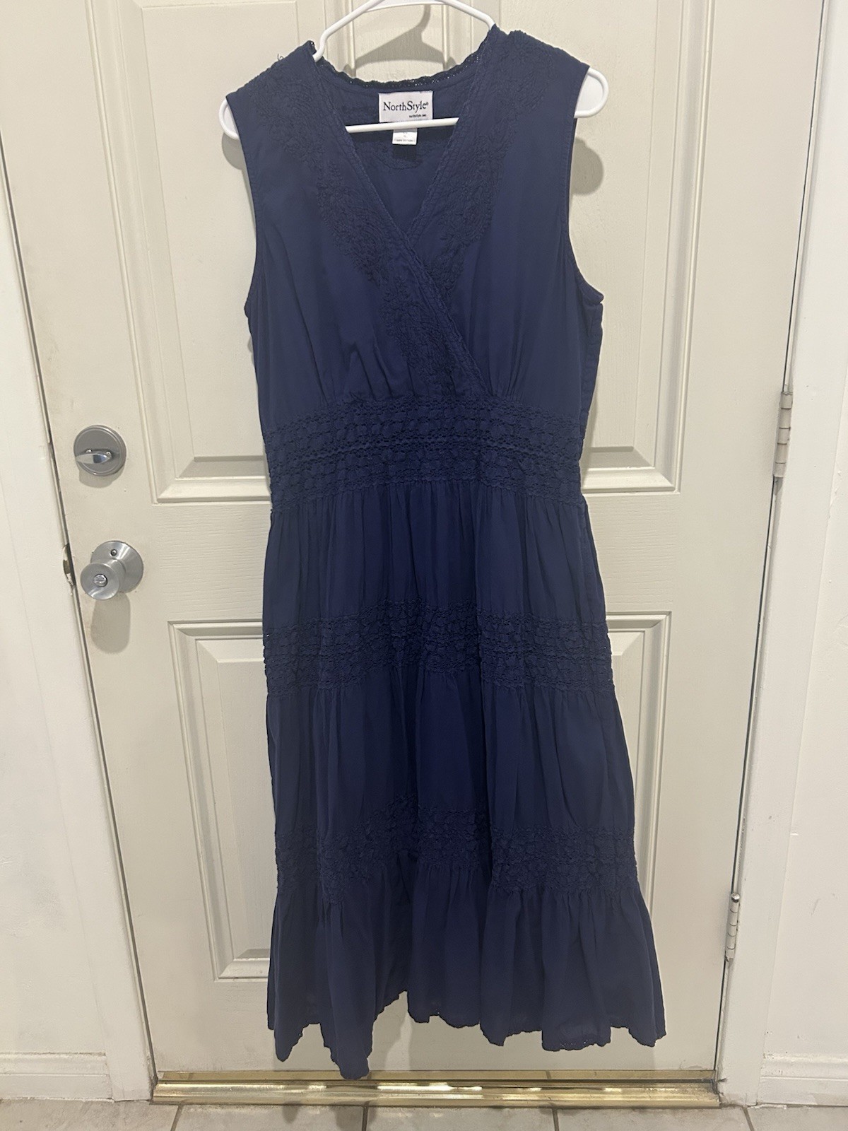 NorthStyle Blue Solid V-Neck Sleeveless Cotton Lace Embroidered A-Line Midi XL