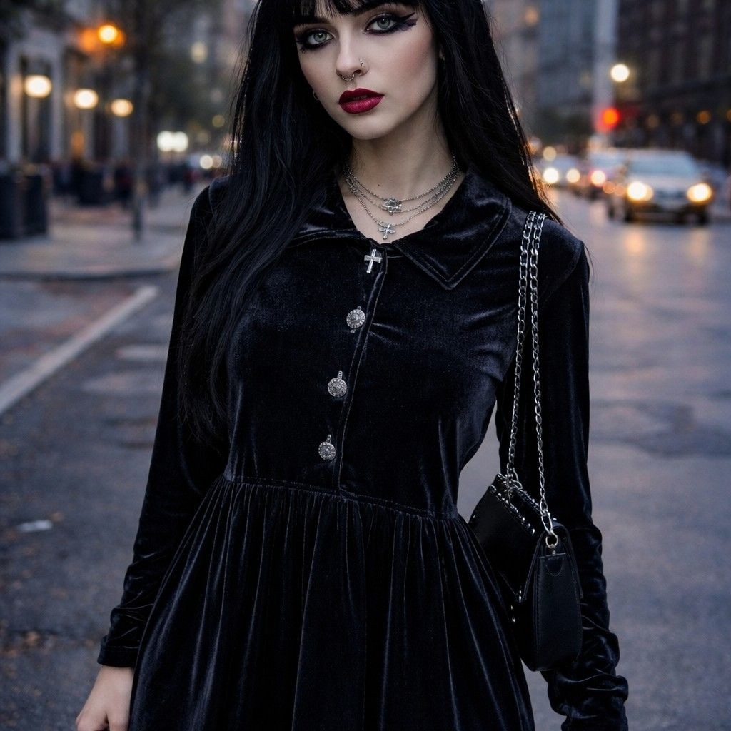 Vintage Coldwater Creek Black Velvet Buttoned Dress M Fairy Goth Wednesday Adams