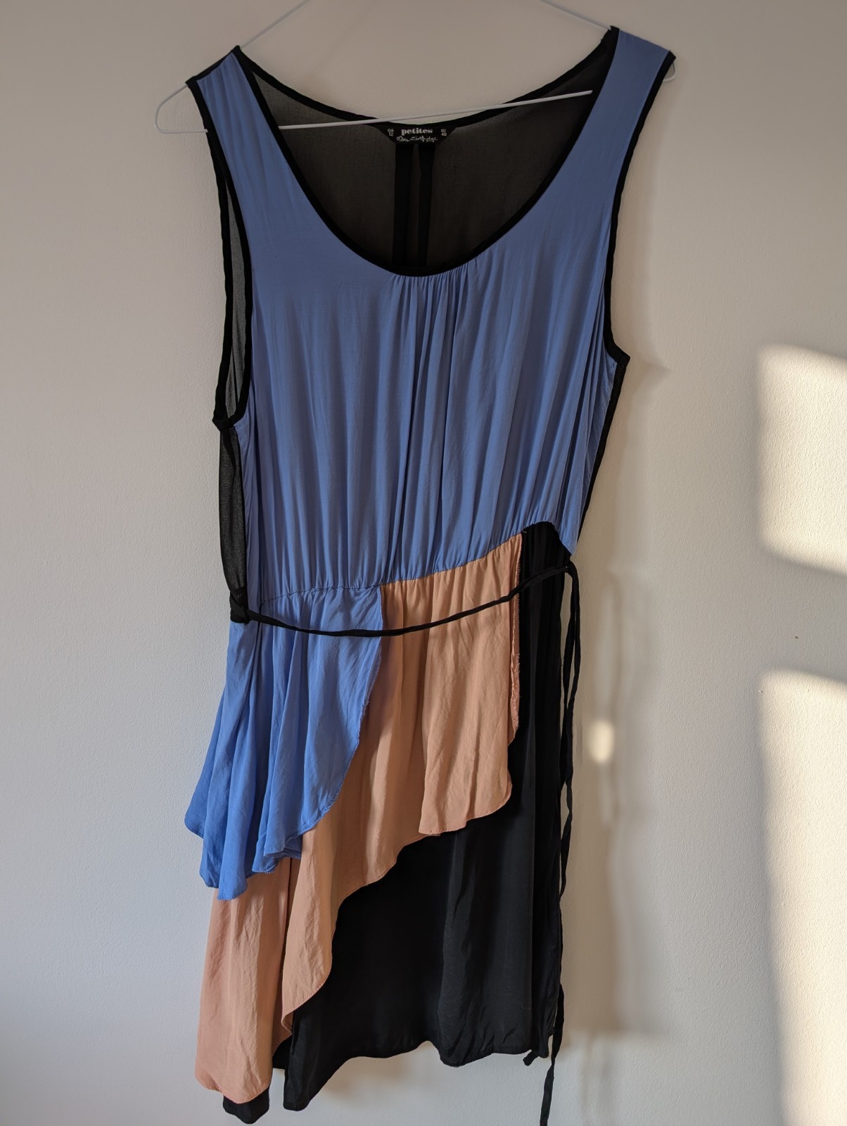Miss Selfridge Petites Dress UK 12 Blue Pink Black Colour Block Tie Waist