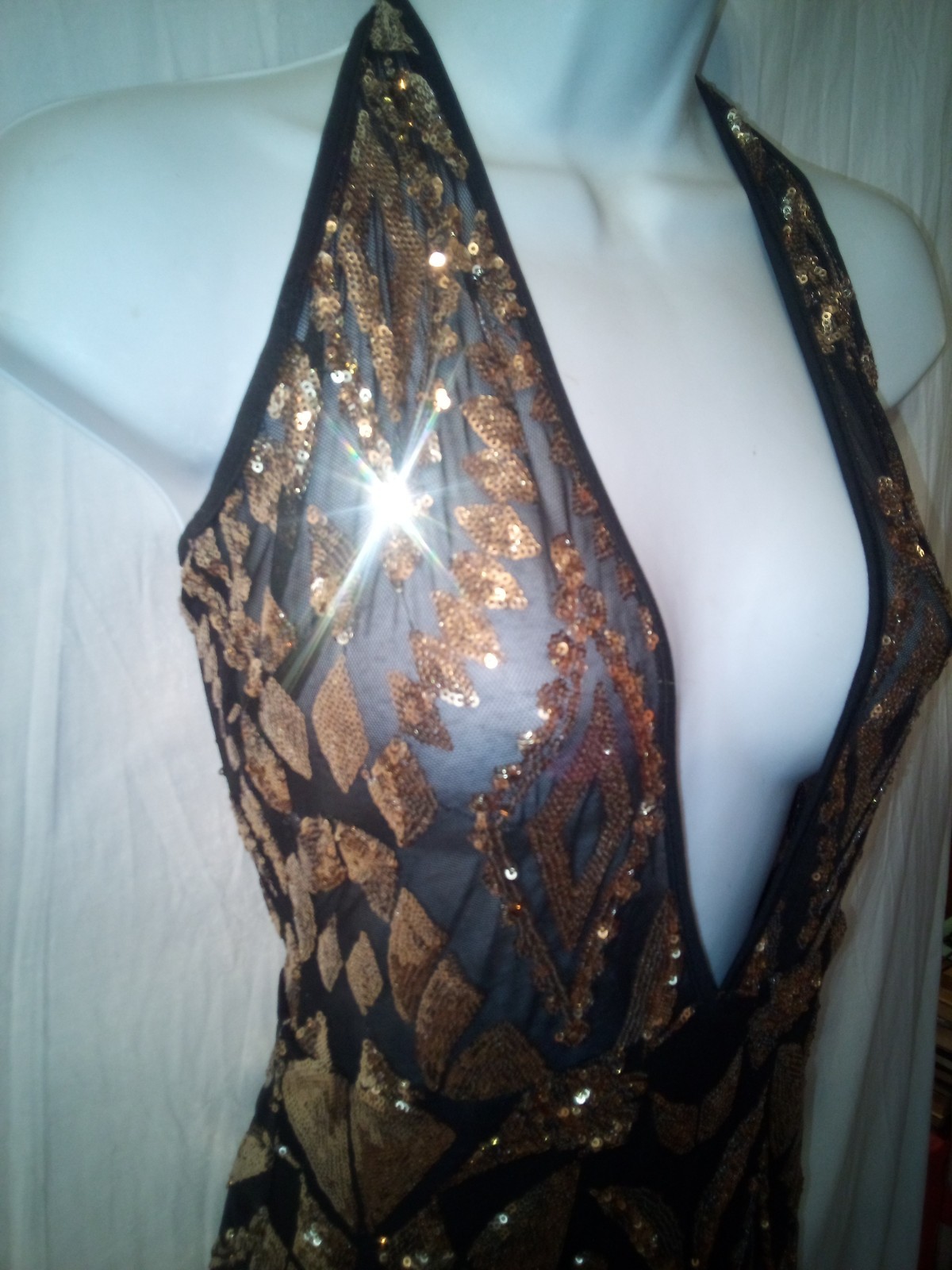 Fashion Nova~M~Sheer Black Gold Sequins Plunging Halter Dress Attached Panties~Q