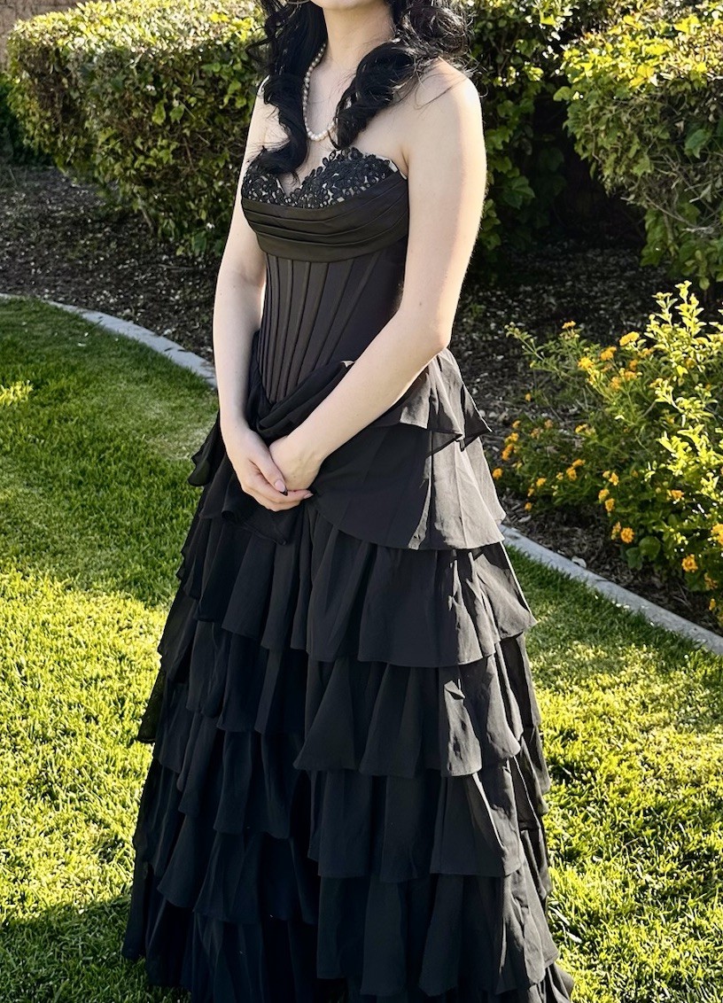 Black Strapless Sweetheart Corset Lace Up Layered Front Slit Prom Dress Gown