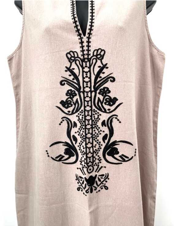 Cynthia Sleeveless Linen Shift Dress Beige/Black Embroidery sz. L/XL NWOT $ 145