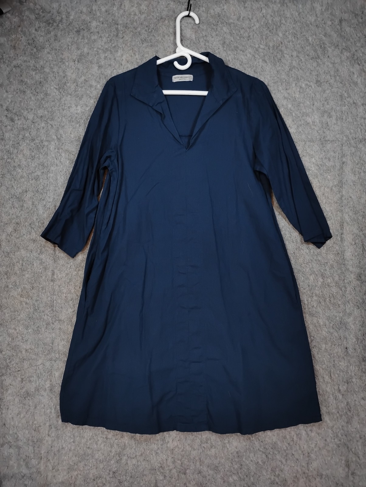 Terzo Millennio Navy Linen Blend V-Neck Tunic Dress Lg Made in Italy 3/4 Sleeve