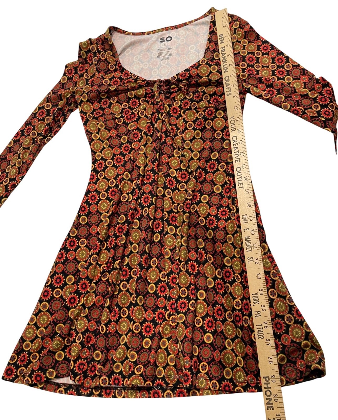 SO Patterned Mini Dress Small Orange Brown Geometric Tribal Boho Gypsy Festival
