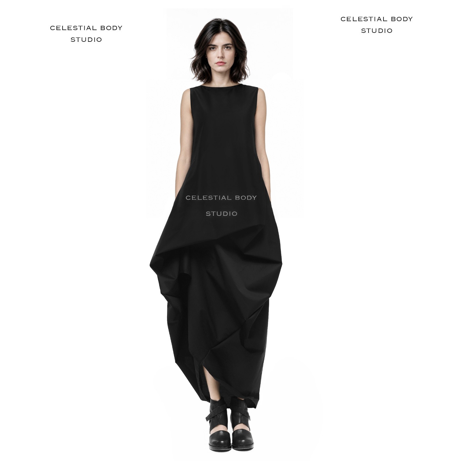 Long black asymmetrical dress. Extravagant dress. Avant garde clothing