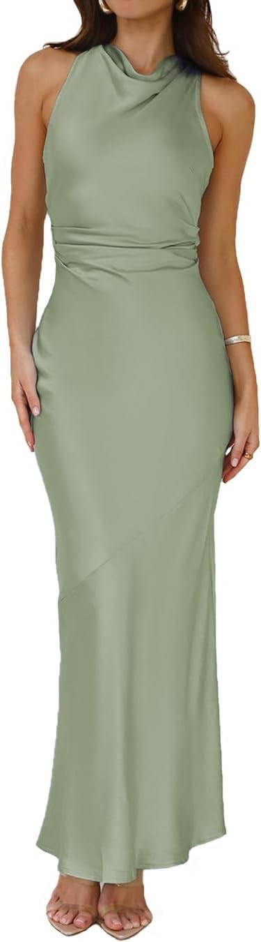Satin High Neck Backless Maxi Dresses for Women Summer Silk Elegant Ruched Waist