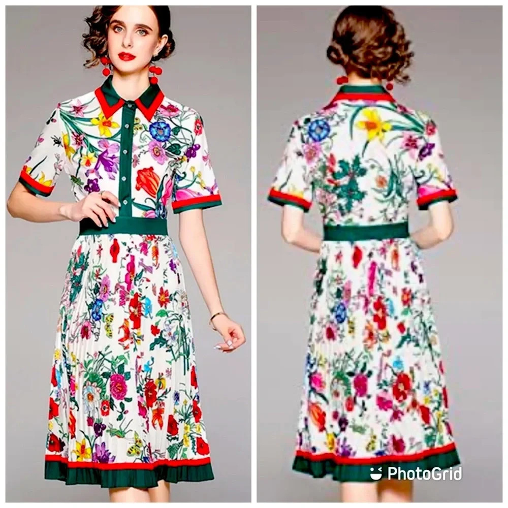 NWT Dalia MacPhee Floral Collard Midi Dress Button Pleated