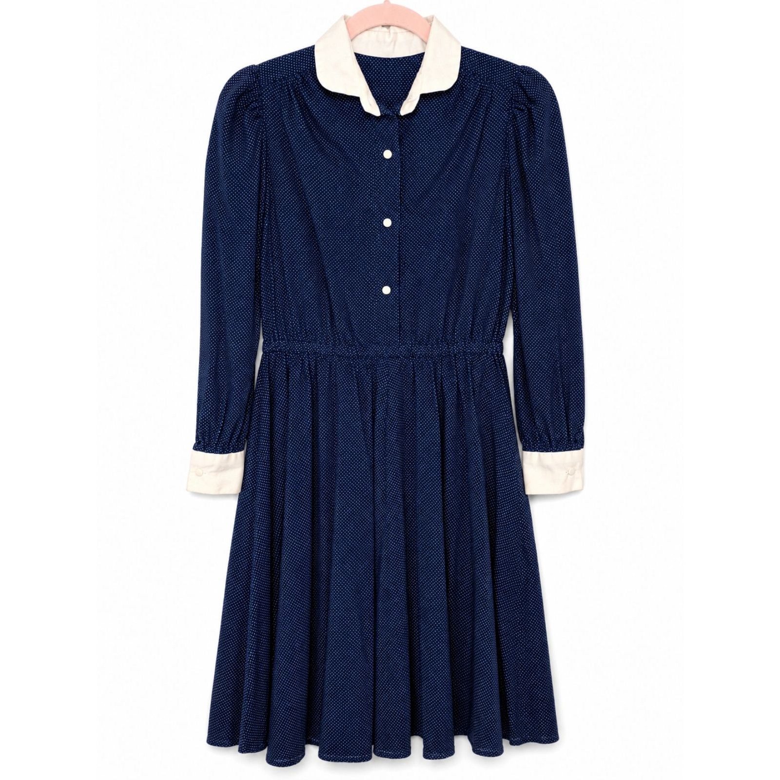 True Vintage 1970s Handmade Navy Polka Dot Peter Pan Collar Midi Dress