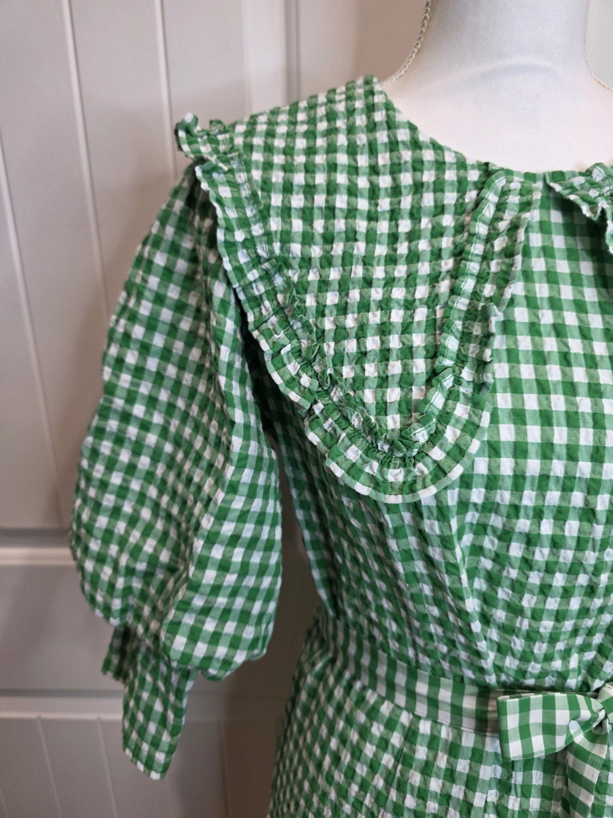 Reserved Green Gingham Seersucker Mini Dress Peter Pan Collar Belted EU40 UK12