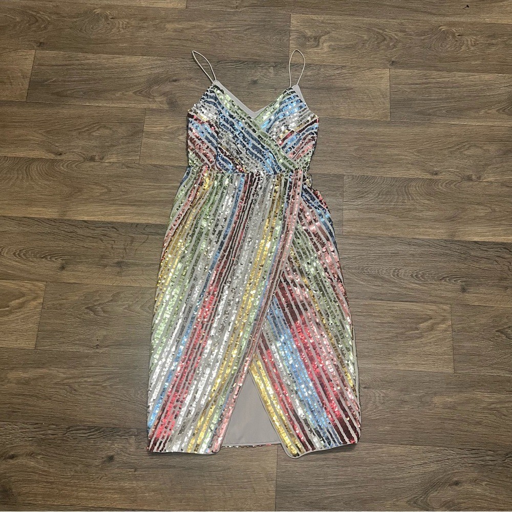 Saylor Sallie Rainbow Sequin Midi Wrap Dress Silver Red Pink Blue Green Size XS