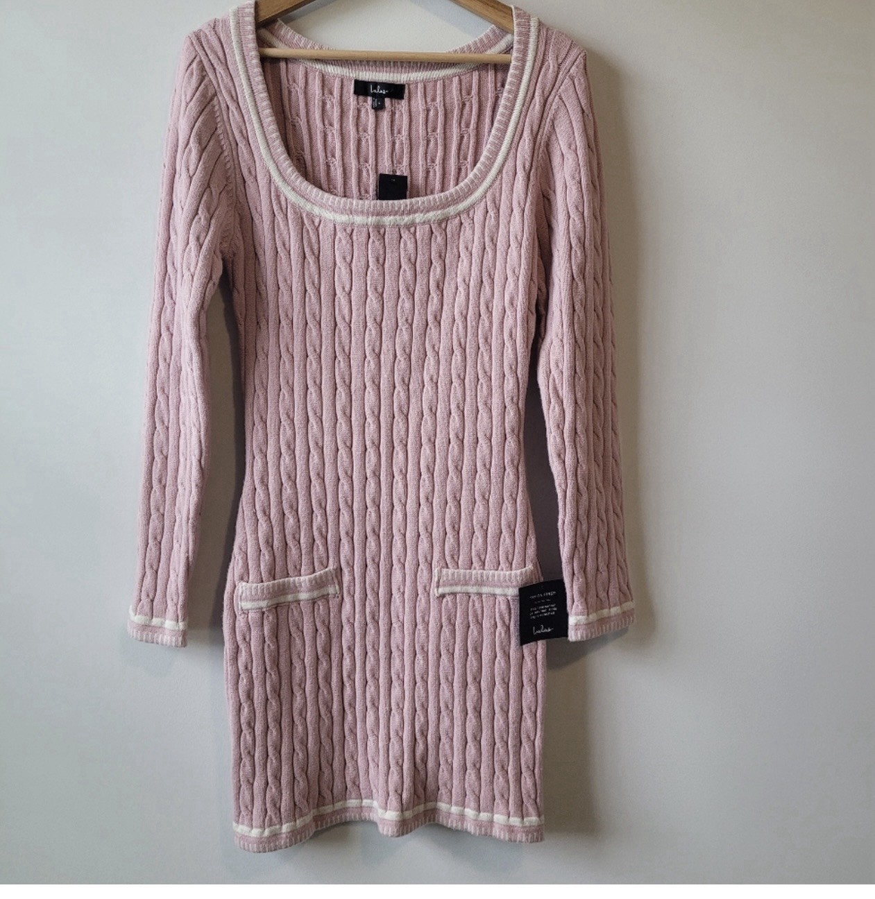 Lulus Pink Bodycon Sweater Dress Long Sleeve Mini White Trim