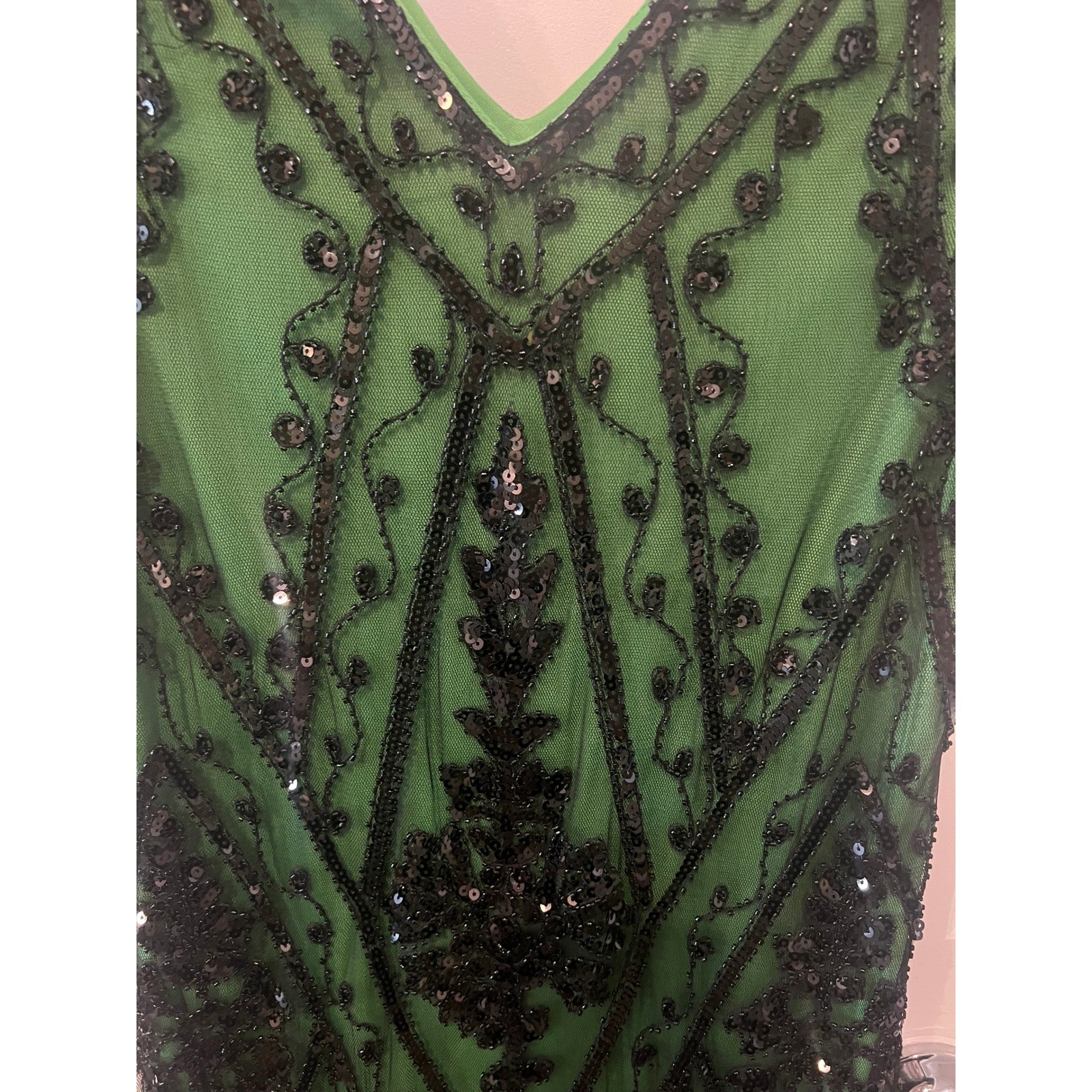 PrettyGuide Green Black Sequin Fringe Flapper Dress 1920s Gatsby Style L (1098)