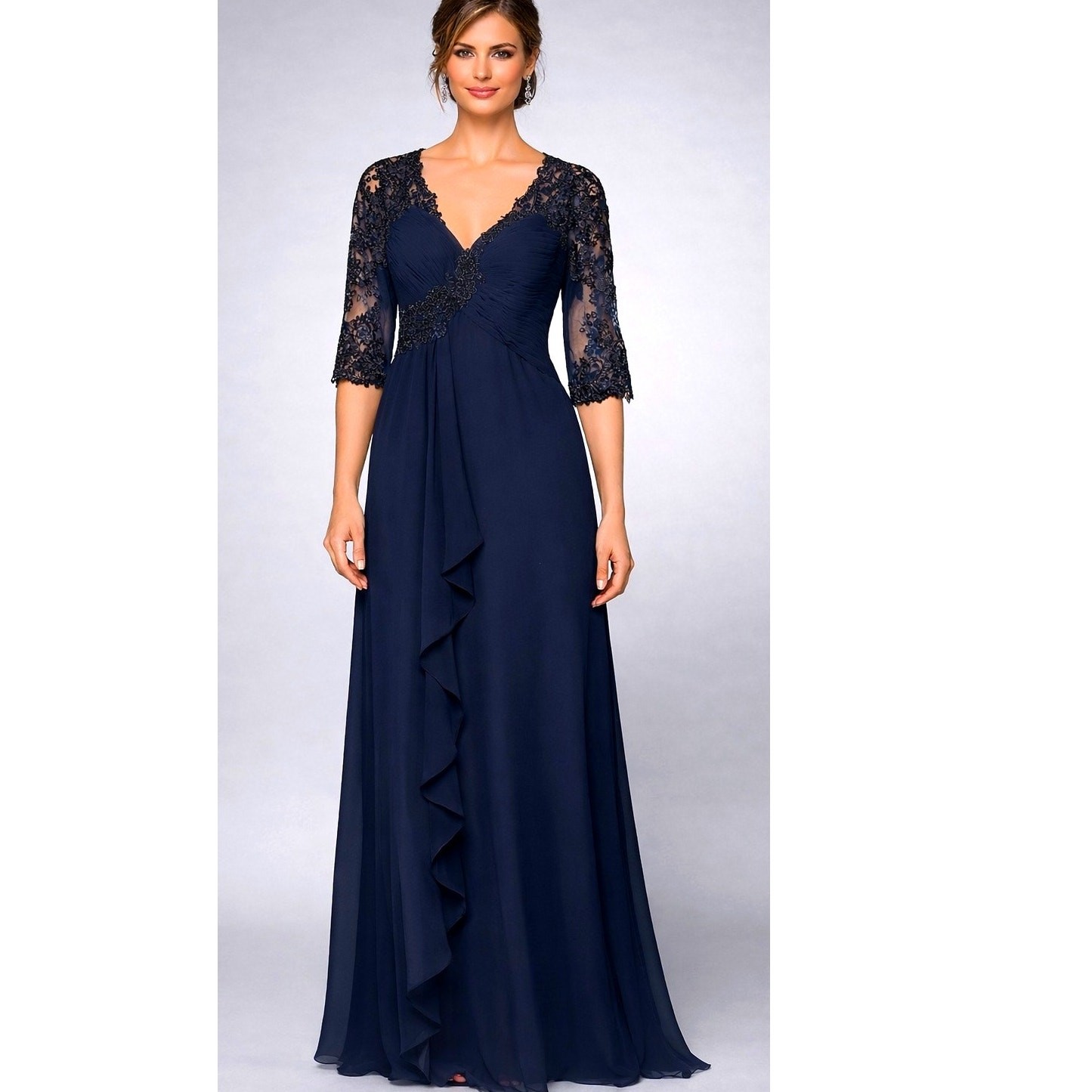 Cameron Blake Mon Cheri V-Neck Chiffon Gown Women’s Sz 14 Navy Lace Back NWT