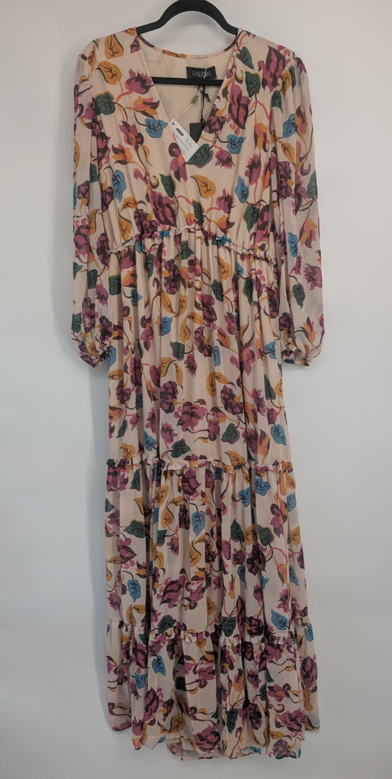 NWT Saloni Nina Tiered Floral Long-sleeve Maxi Dress Sz US10 Ivory #9M604