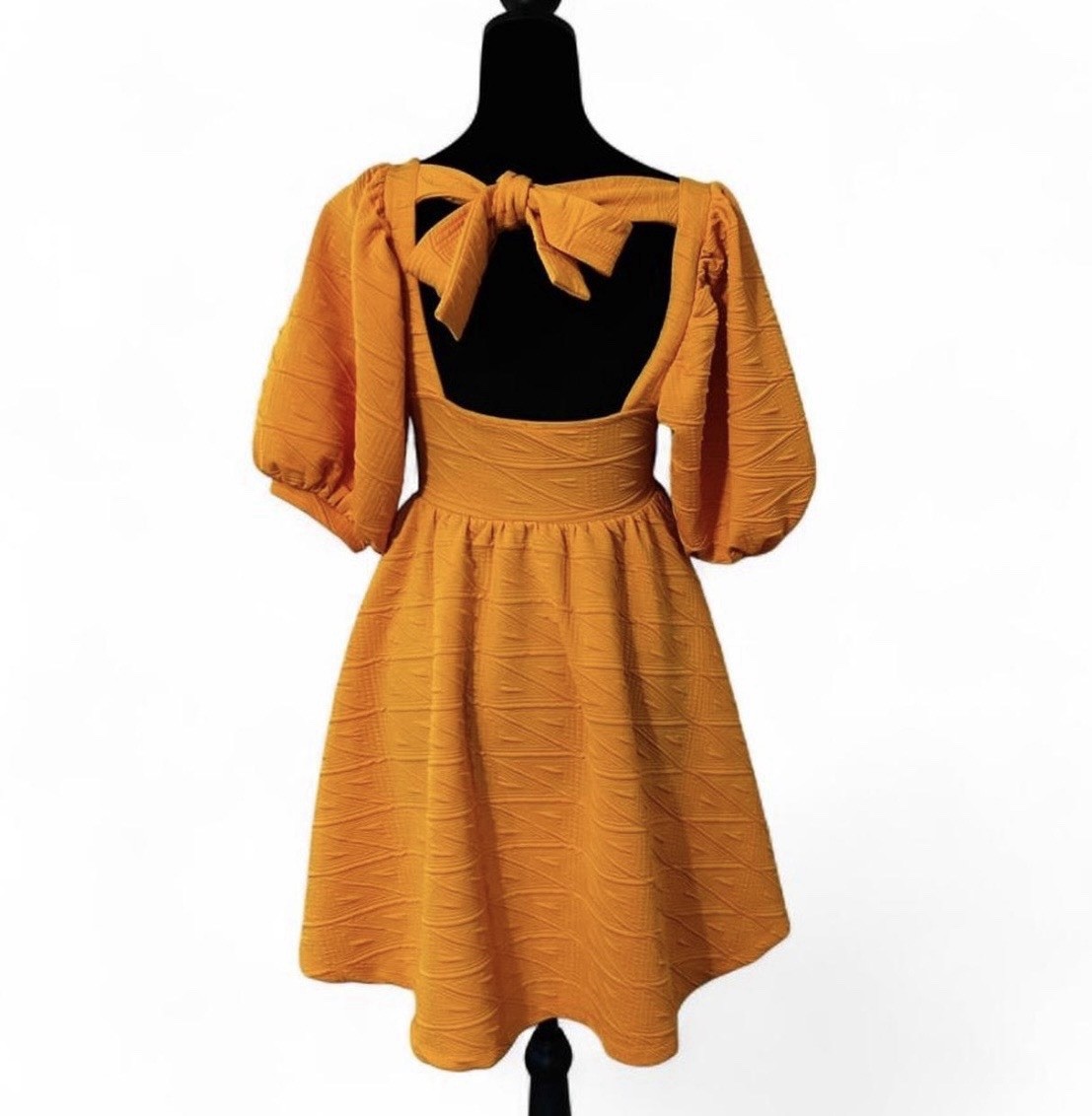 Free People Orange Square Neck Puff Sleeve Backless Bow Mini Dress XS