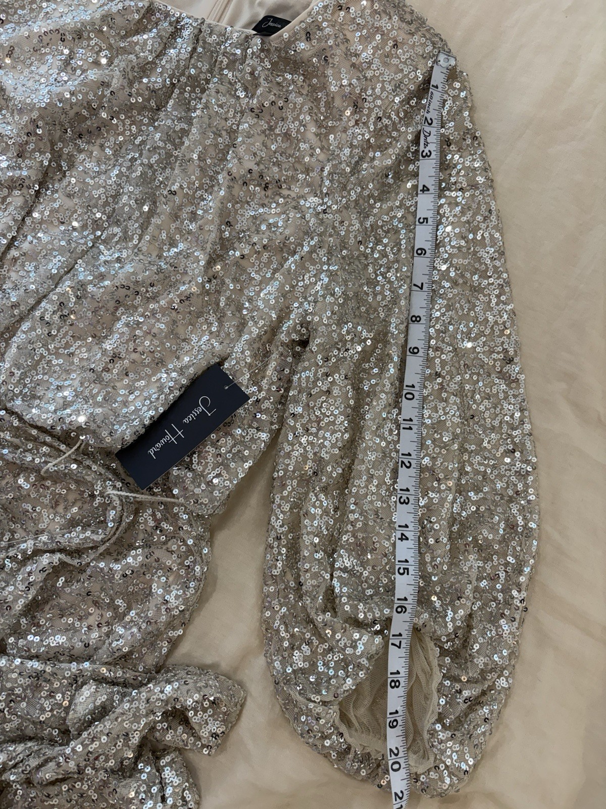Jessica Howard Gold Sequin Sheath Dress Balloon Long Sleeve Round Neck 14P