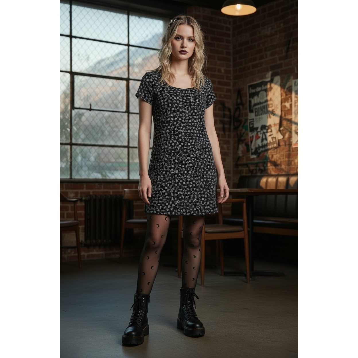 VTG Newport Mini Dress Large Black Floral 90s Grunge Scoop Neck Stretchy USA
