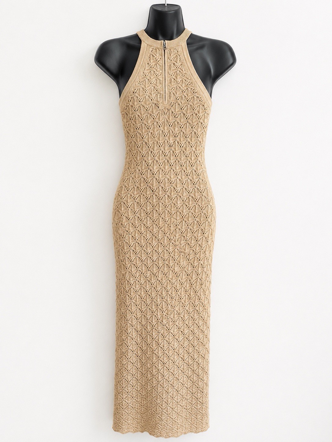 Alice + Olivia Pointelle Knit Halterneck Maxi Dress Beige Oatmeal Size S UK 8 10