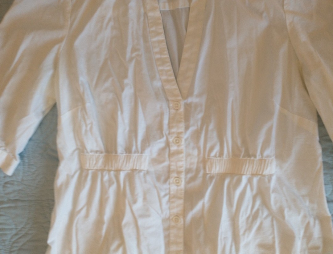 OJAY White Solid Button Front Shirt Dress V-Neck 3/4 Sleeve Knee Length size 10