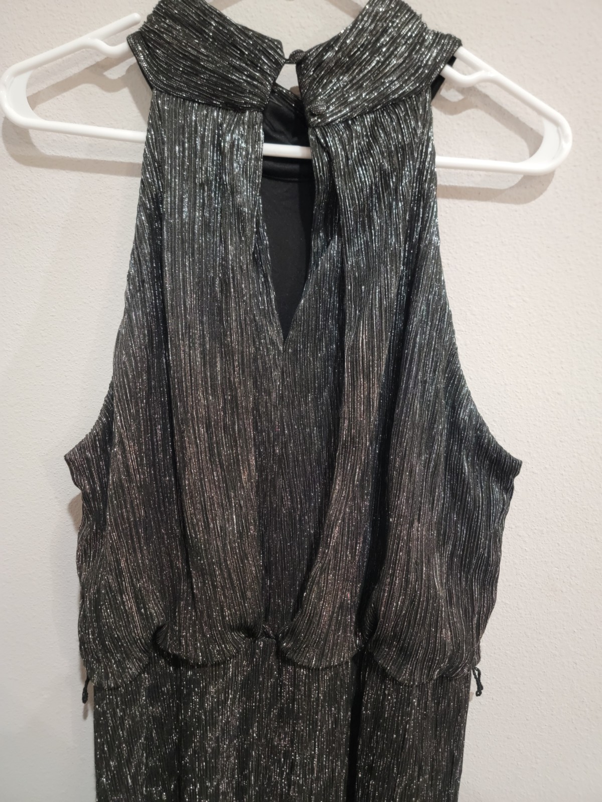 Glamour Black Silver Metallic Halter Maxi Dress 18W Plus NWT Plisse Pleat Party