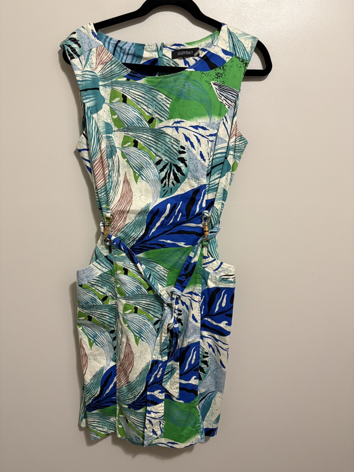 Ellen Tracy Womens 12 Dress Blue Green Hawaiian Tropical Tiki Sheath Sleeveless