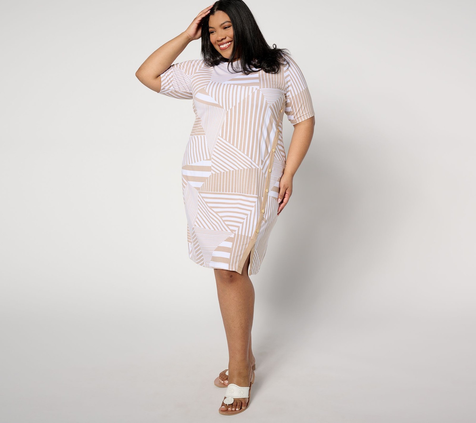 Isaac Mizrahi Live! Petite Printed Elbow Sleeve Knee Length Dress Hazelnut Strip