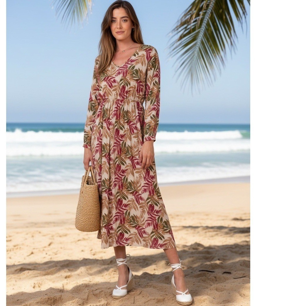 Parisian NWT Tropical Leaf Maxi Dress S 100% Cotton Pink Green Long Slv $158