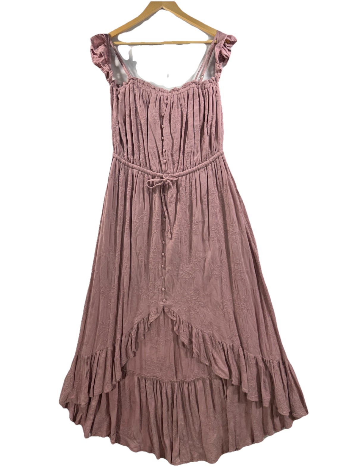 Lost + Wander Dusty Rose Boho Midi Dress XL Embroidered Ruffle Tie Waist