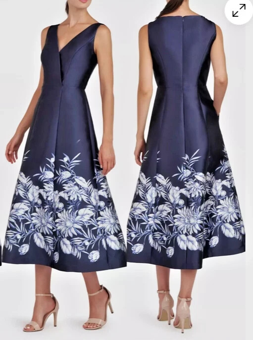 Kay Unger Dark Navy Blue Hattie Floral A-Line Cocktail Dress Size 4 $298