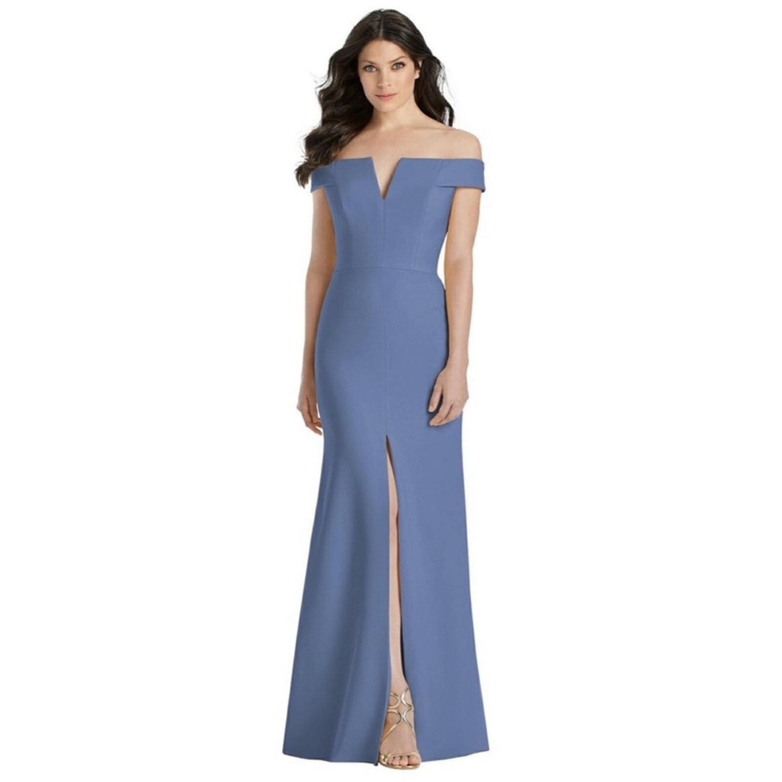 DESSY Off The Shoulder Notch Crepe Trumpet Gown In Larkspur Blue Size 10