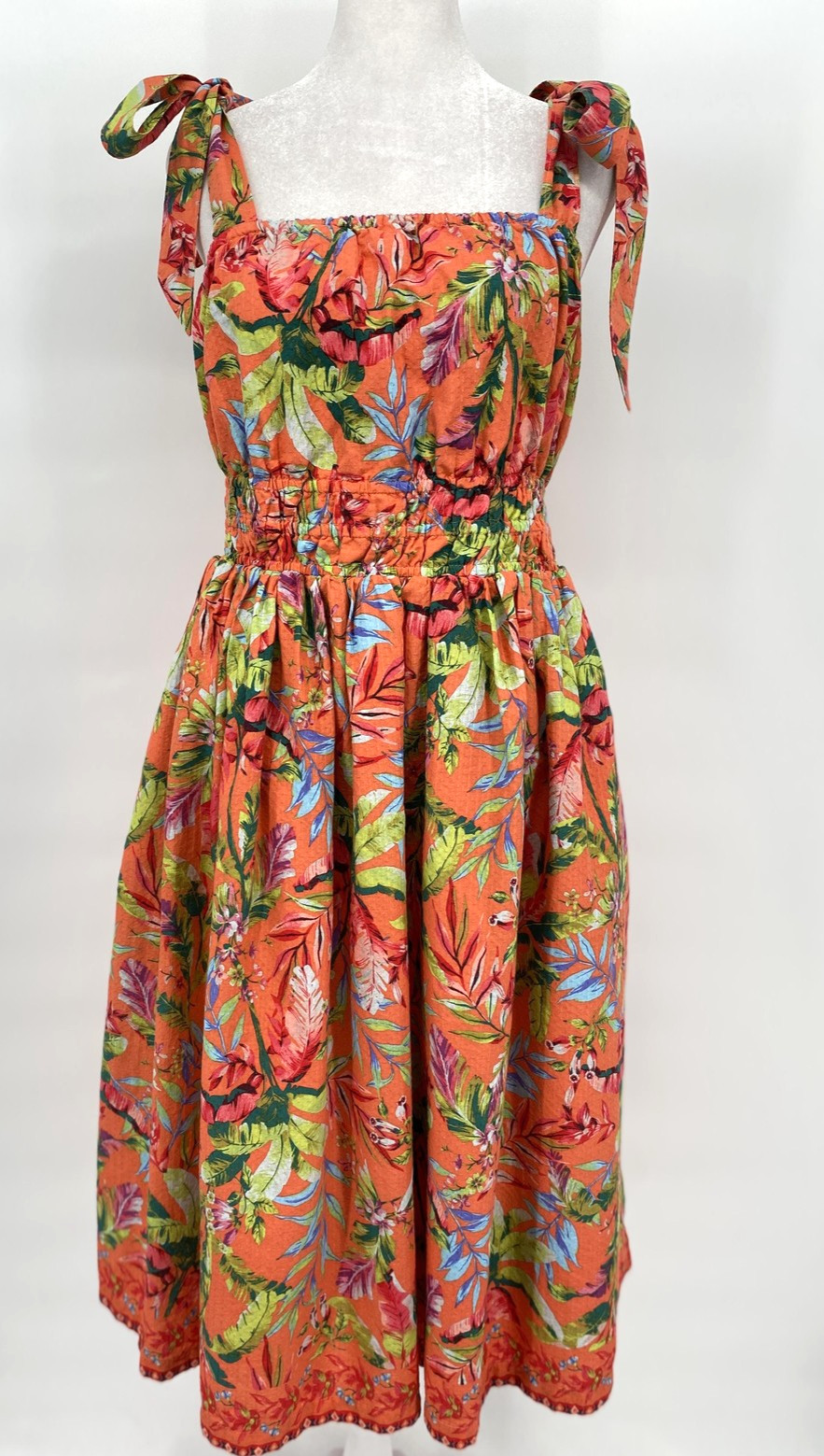 Lands End Sun Dress Womens Petite M 10-12 Orange Tropical Tie Strap Midi Beachy