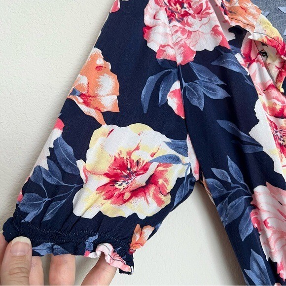 Coquette Hyper Feminine Waist-Defined Ruffle Tie-Belt Wrap Dress Navy Floral XS