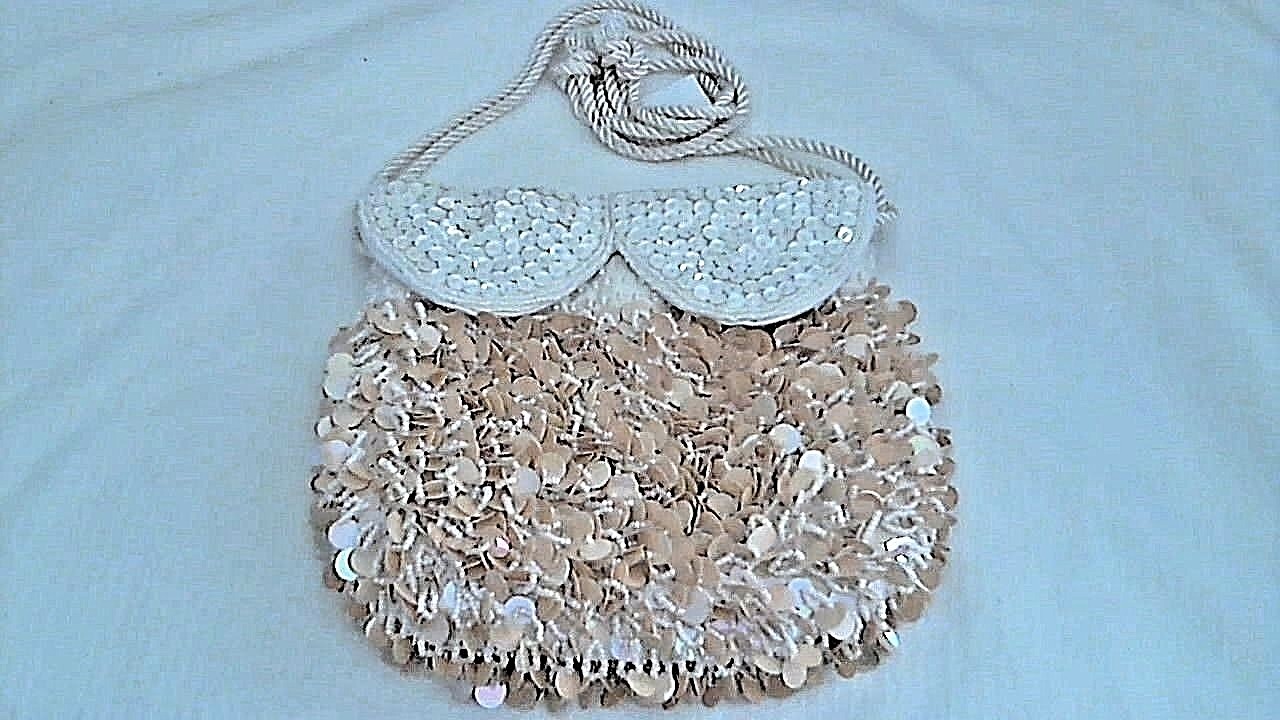 Cascading Sequin Bag Beige White Flaps Draw Cord 8.5″ x 8″ Lined In Satin