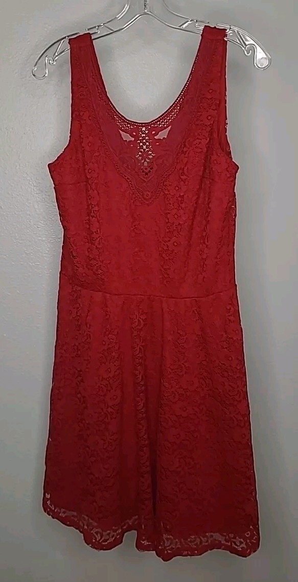 By & By Womens Red Lace Dress Size 13 V-Neck Front & Back, Lined