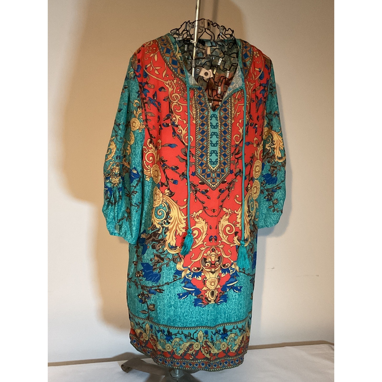 Urban CoCo Womens Boho Baroque Floral Tunic Dress Teal Orange Tassel Tie Large