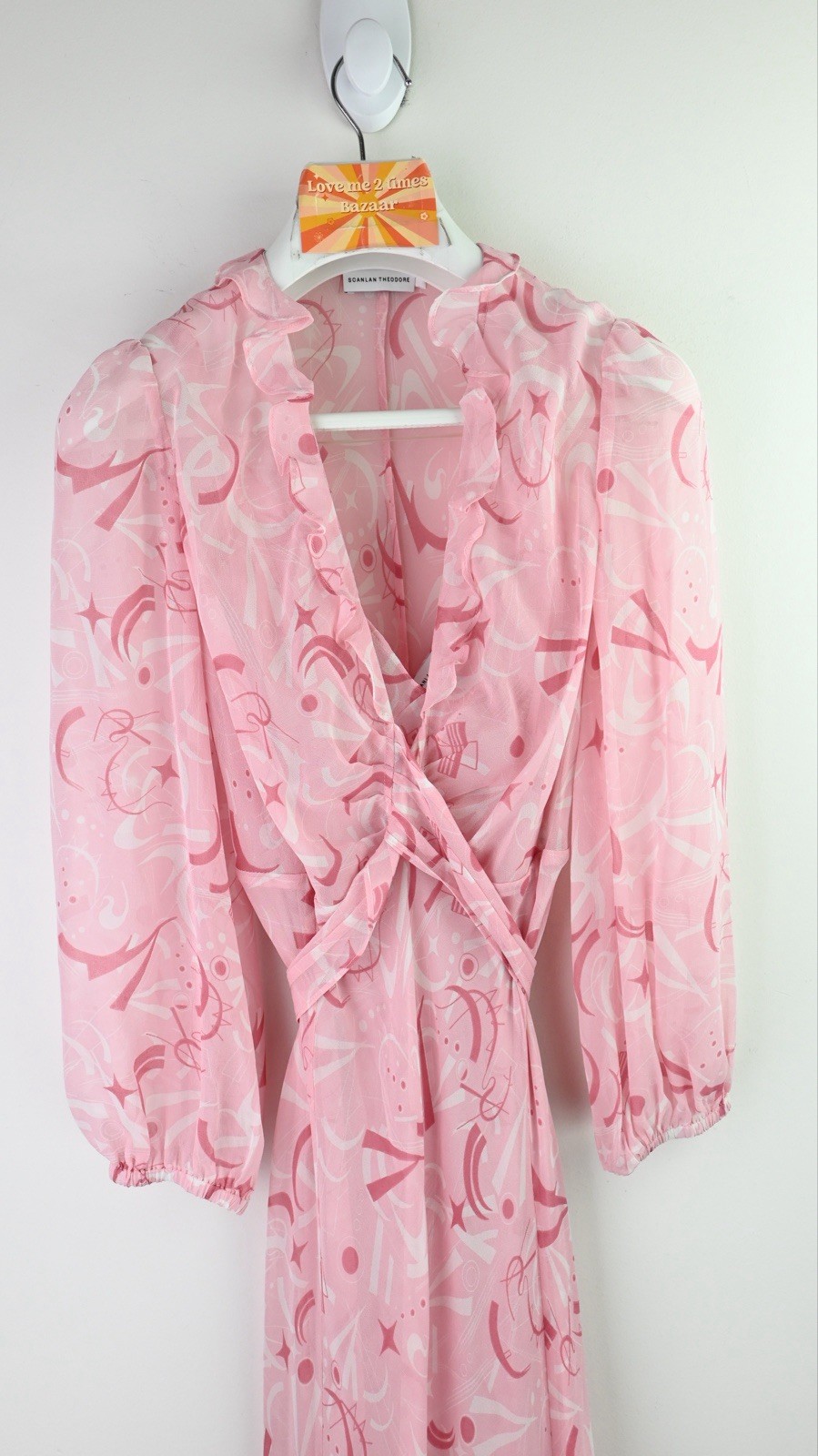 Scanlan Theodore 2 piece cross front silk long sleeve dress in blush size S/UK8