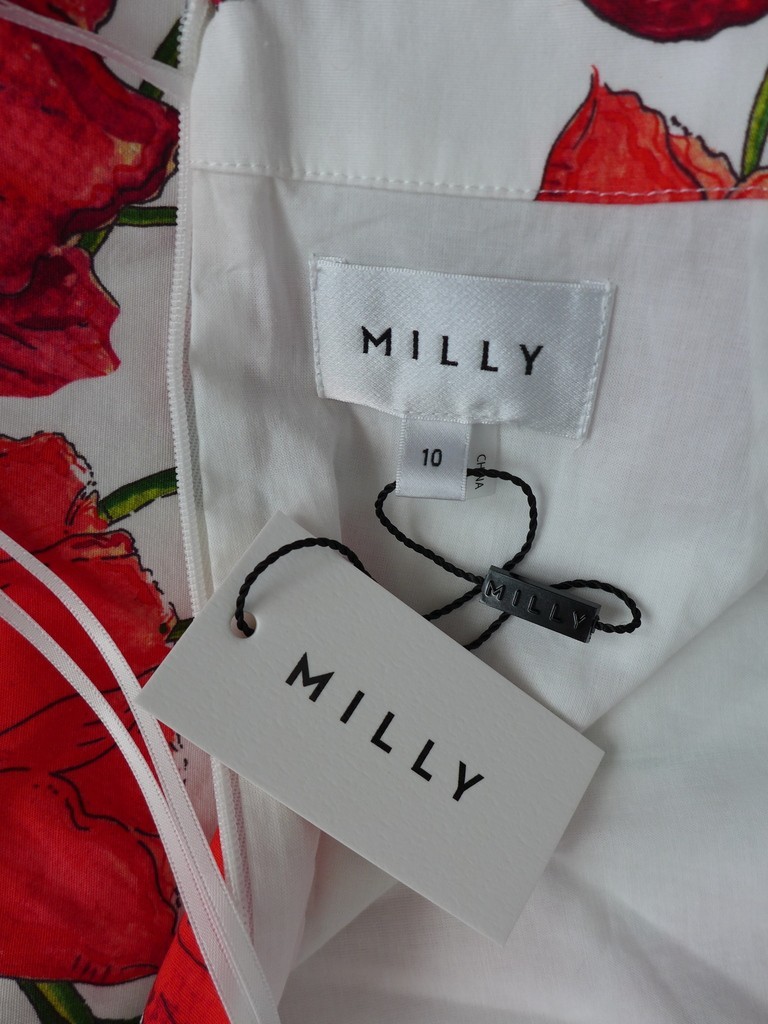 MILLY $475 Women’s 10 Open Cross Back Red Peonia Poplin tiered Midi Dress