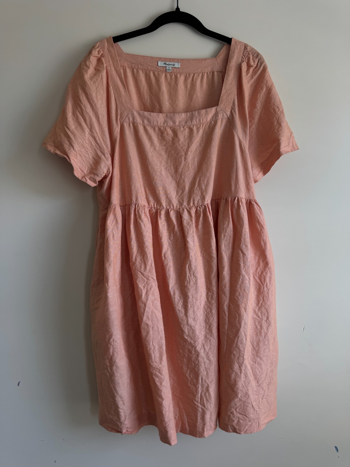 Madewell Linen Blend Mini Dress XL Peach Coral Square Neck Babydoll Dress