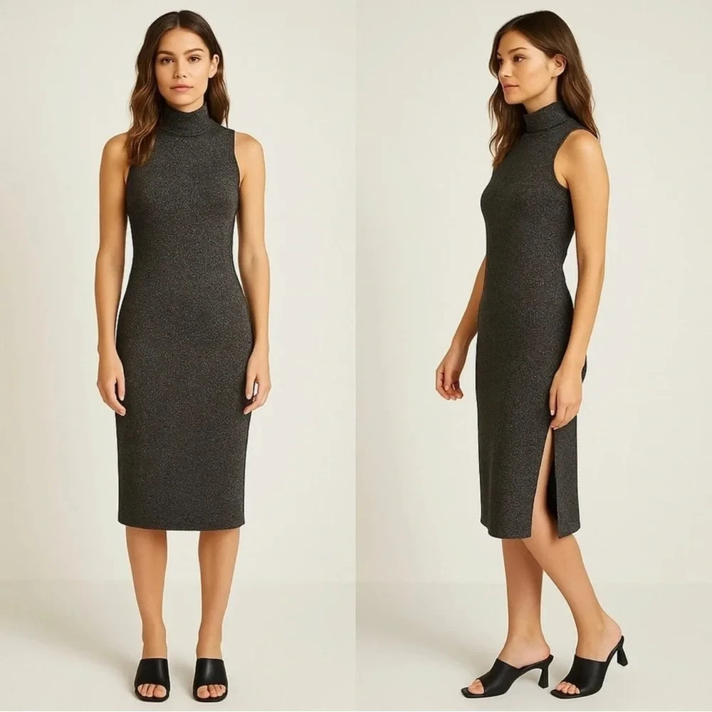 House of Harlow 1960 Metallic Sleeveless Mock Neck Knit Charcoal Midi Dress M