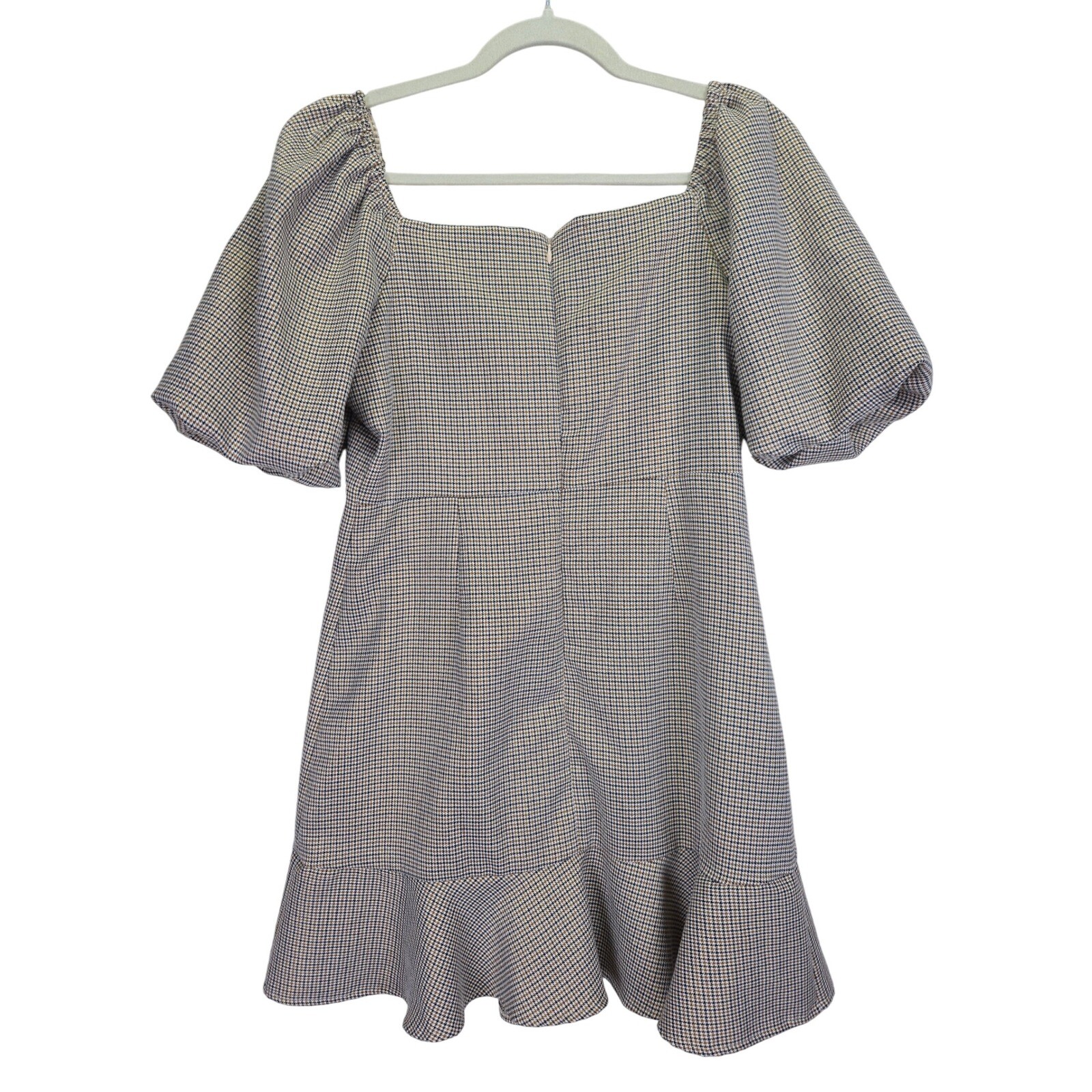 AQUA Puff Sleeve Checked Womens Mini Dress Medium Plaid Square Neck Ruffle Hem
