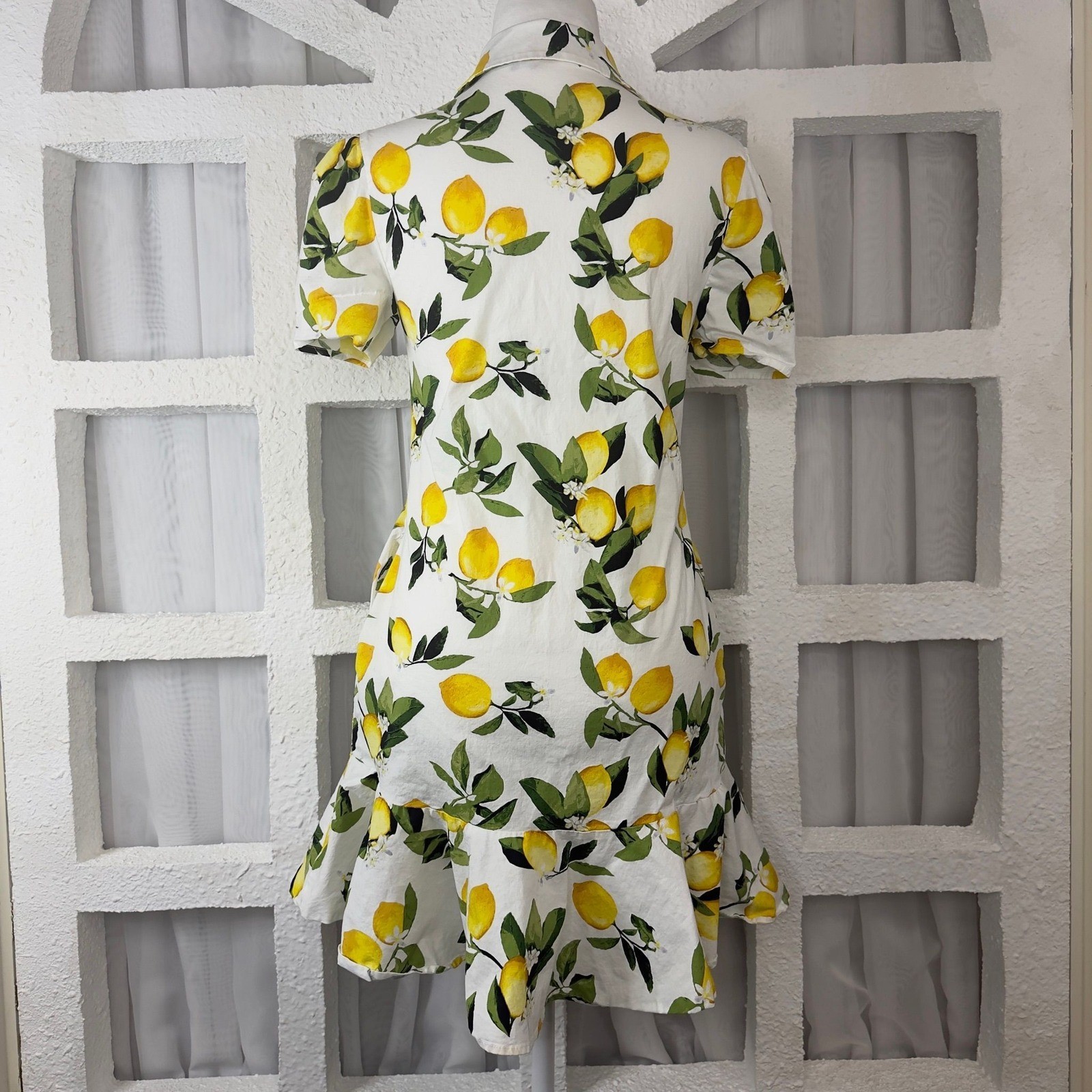 Cynthia Rowley Lemon Print Ruffle Hem Shirt Dress White Yellow Mini Small