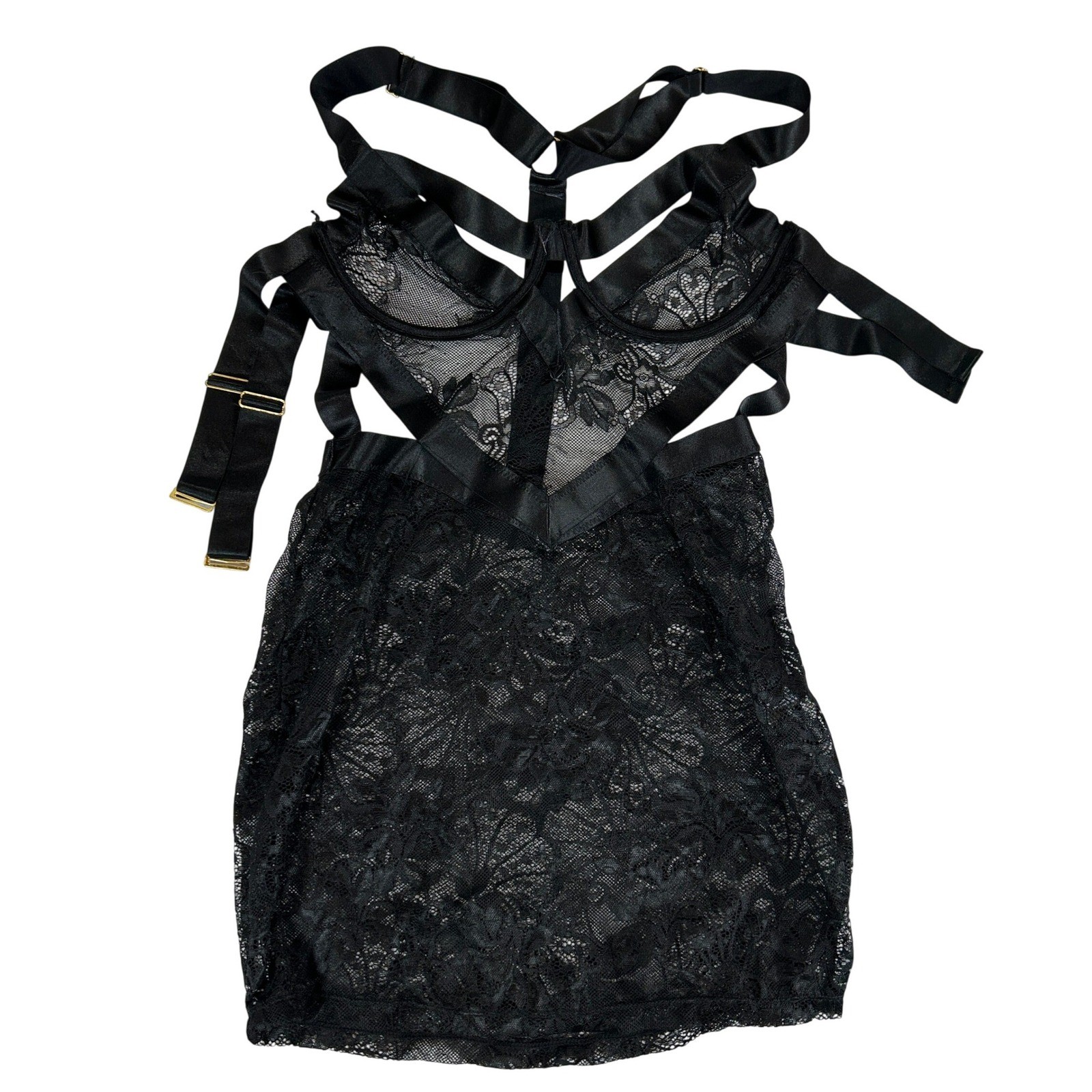 Fashion Nova Black Lace Strappy Cutout Underwire Slip Dress Lingerie S/M