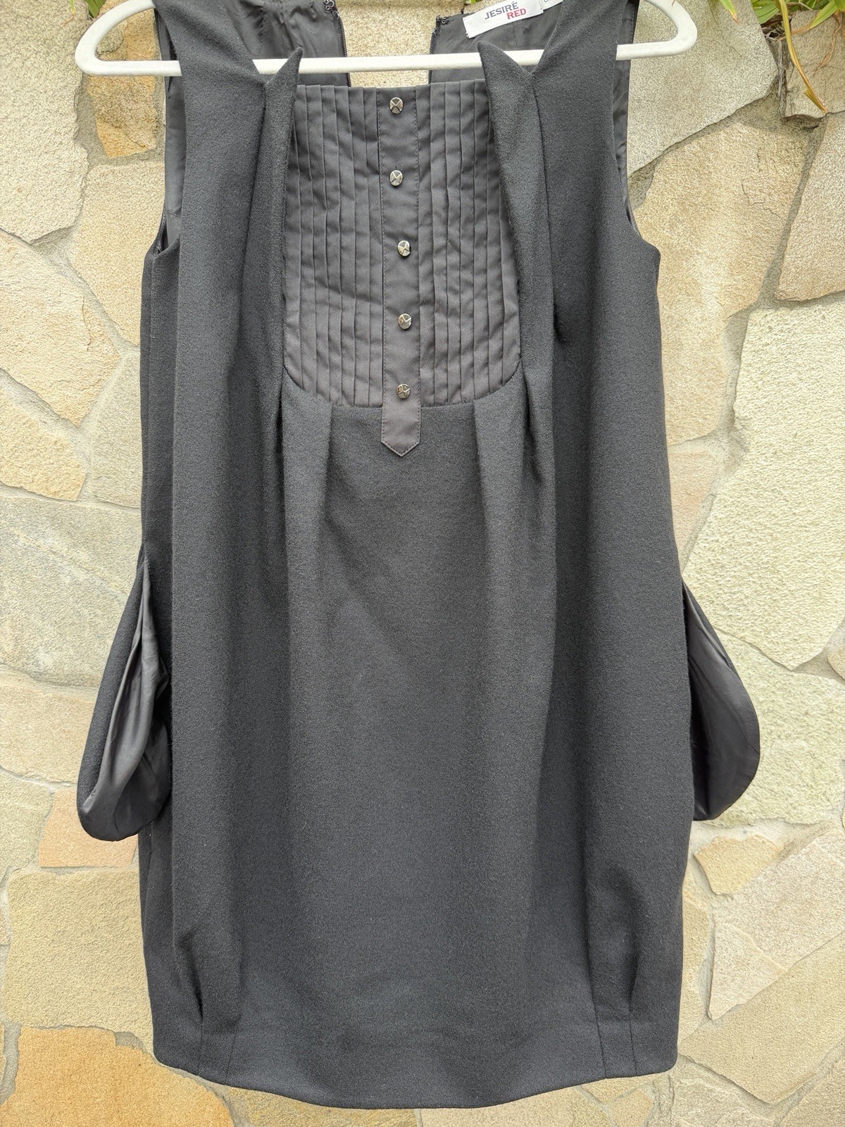 Jesire Red 100% Wool Bubble Cocoon Dress UK 8 Pleated Bib Pockets Lined